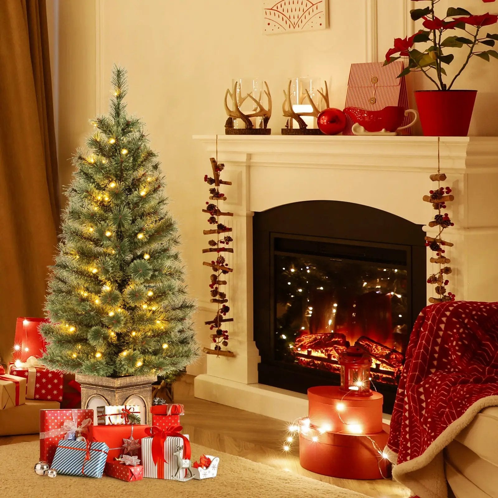 4 Feet Pre-Lit Potted Christmas Tree Pine Needles by DirectDeals