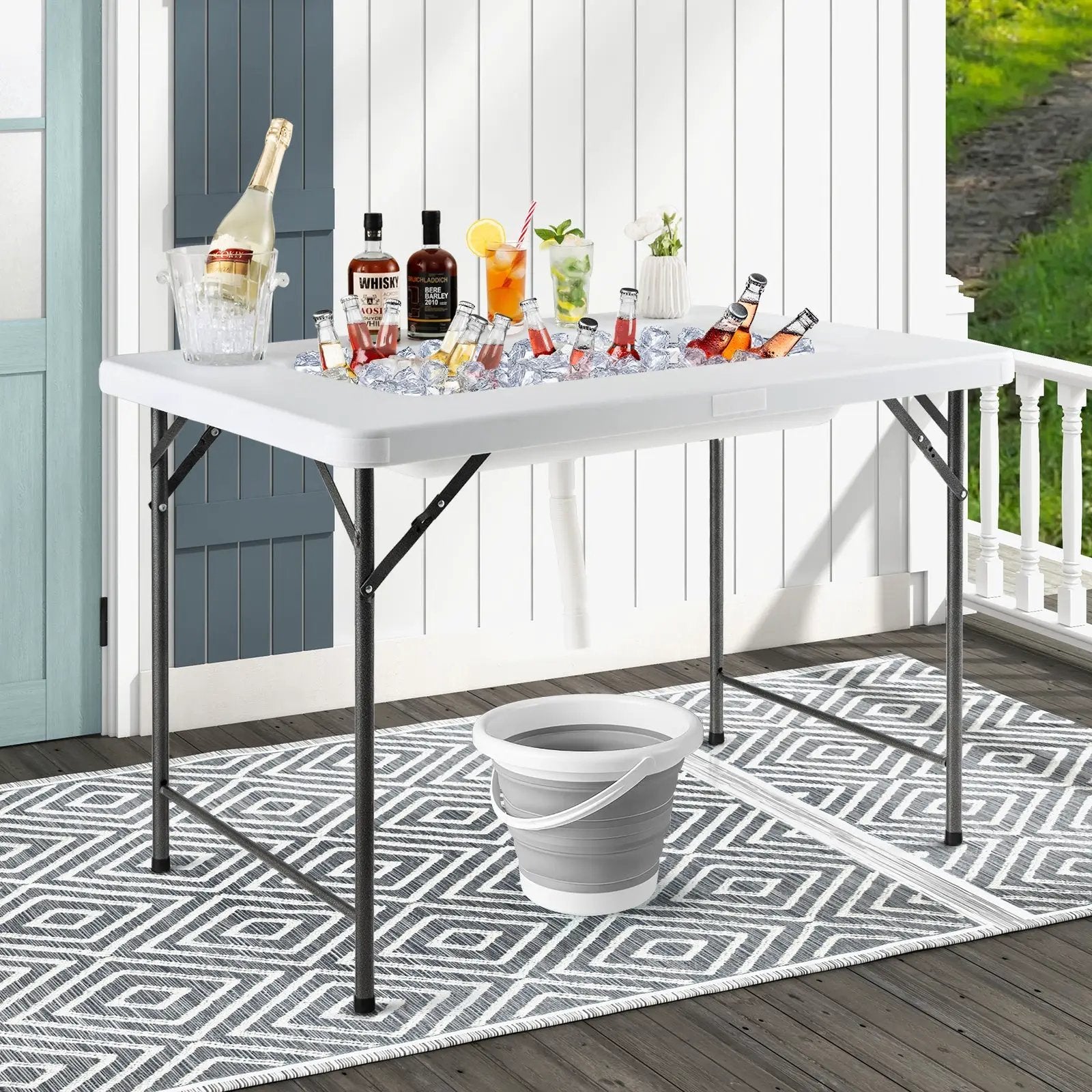 4 Feet Folding Ice Bin Table with Skirt for Camping Picnic Wedding with Ice Bucket-White by DirectDeals