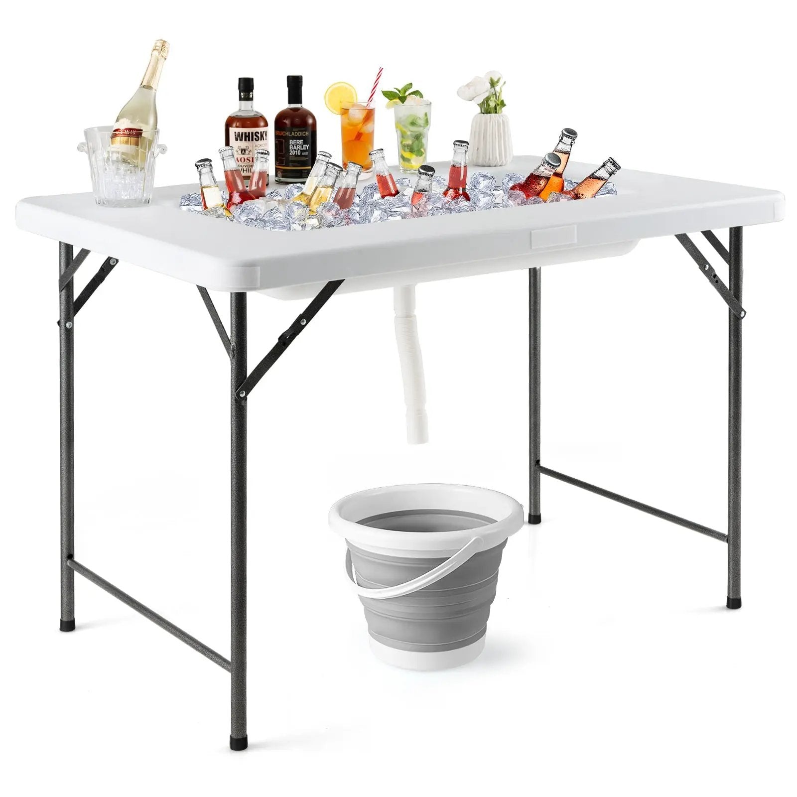 4 Feet Folding Ice Bin Table with Skirt for Camping Picnic Wedding with Ice Bucket-White by DirectDeals
