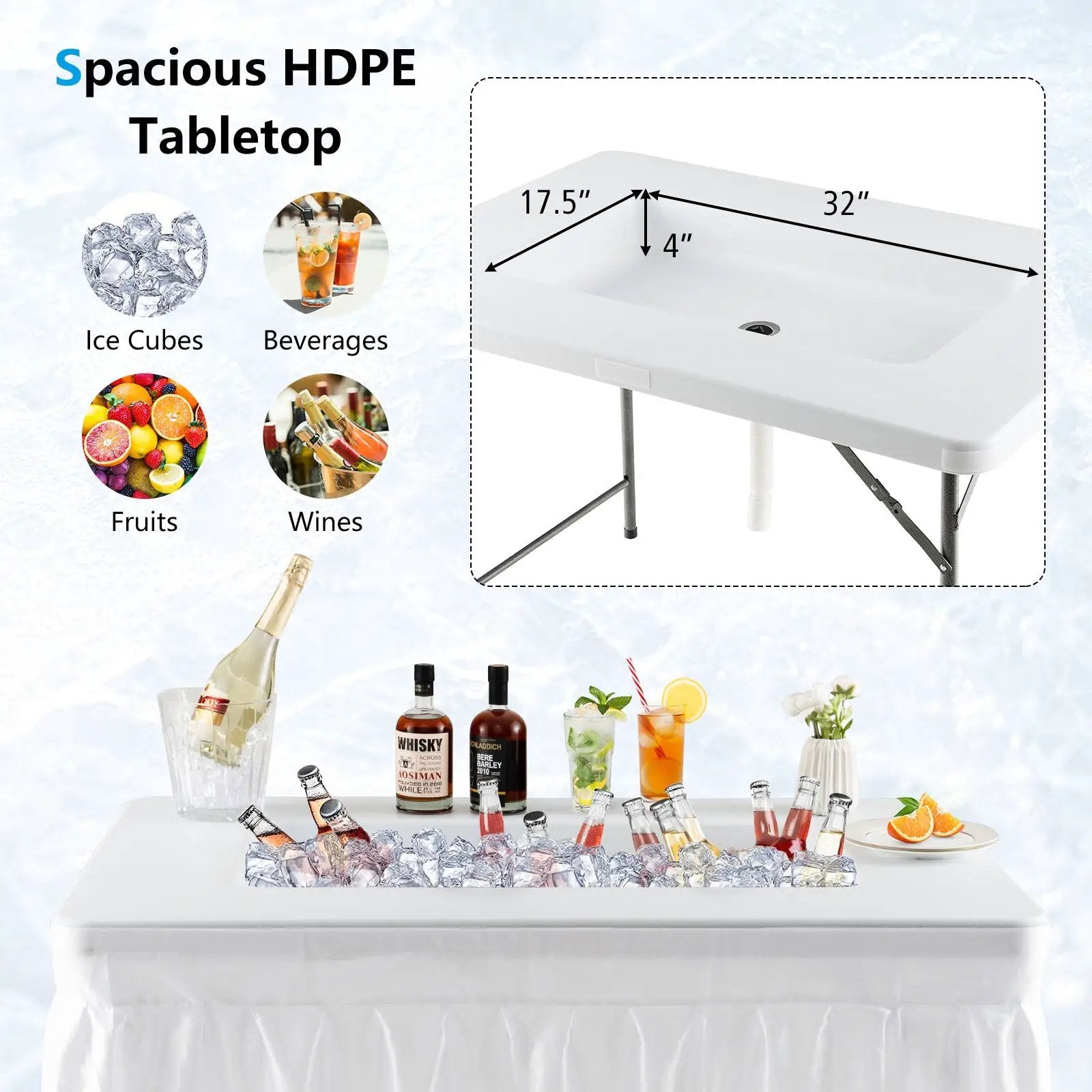 4 Feet Folding Ice Bin Table with Skirt for Camping Picnic Wedding with Ice Bucket-White by DirectDeals