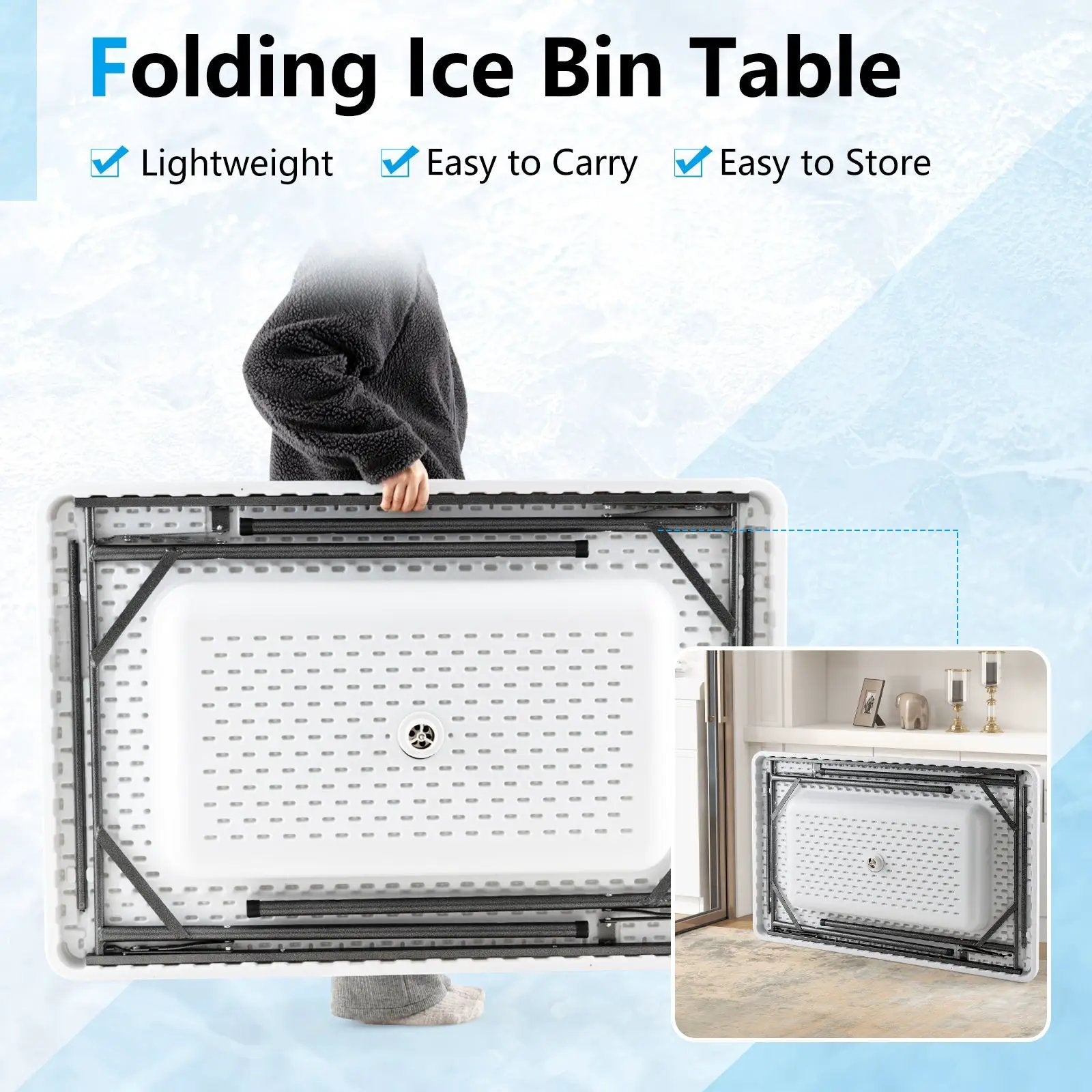 4 Feet Folding Ice Bin Table with Skirt for Camping Picnic Wedding with Ice Bucket-White by DirectDeals