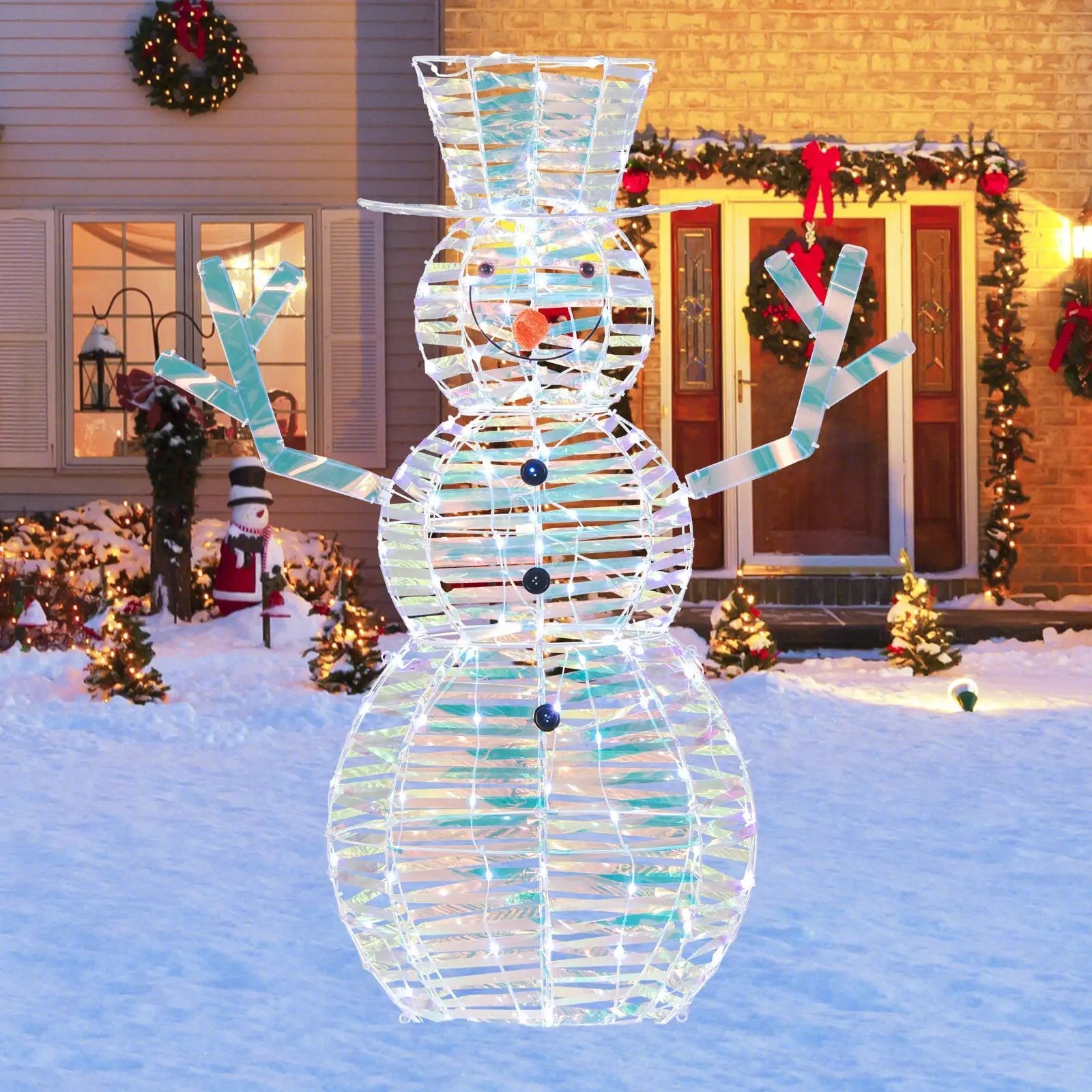 4 Feet Iridescent Christmas Snowman with White LED Lights and Ground S