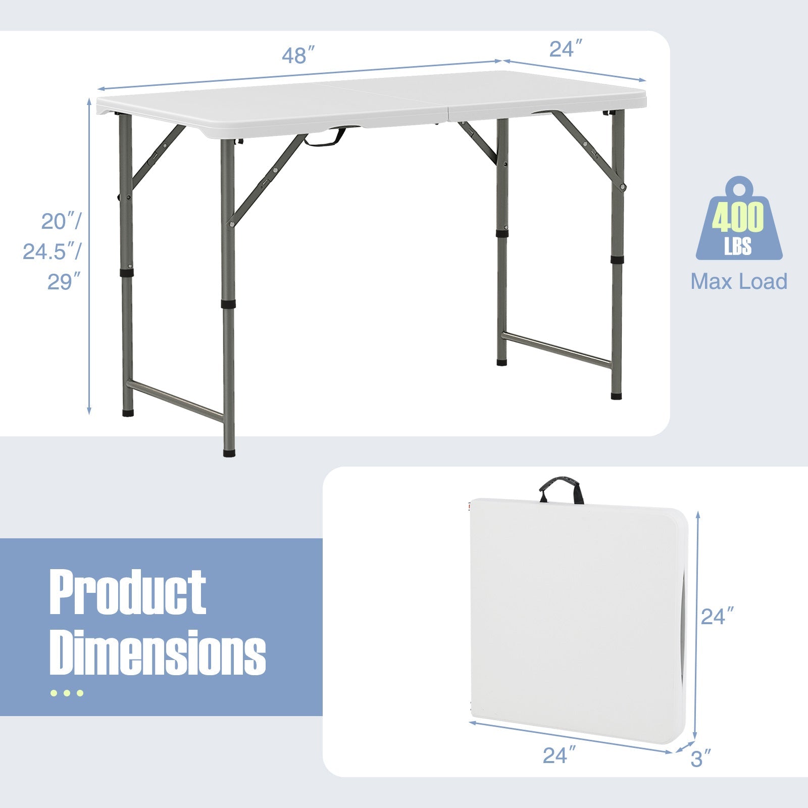 4 Feet Portable Camping Table with HDPE Tabletop and Metal Legs-White by DirectDeals