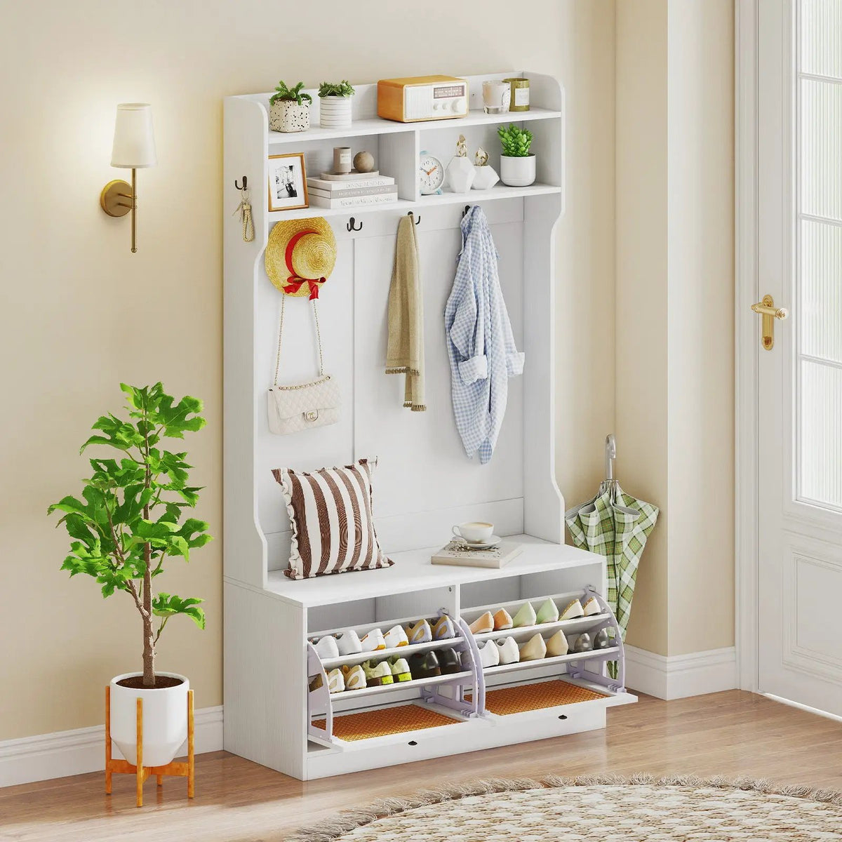 4-In-1 Hall Tree with Coat Rack and Flip Drawers for Entryway Mudroom by DirectDeals