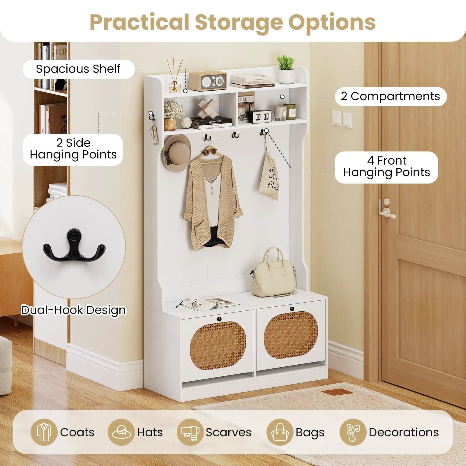 4-In-1 Hall Tree with Coat Rack and Flip Drawers for Entryway Mudroom by DirectDeals