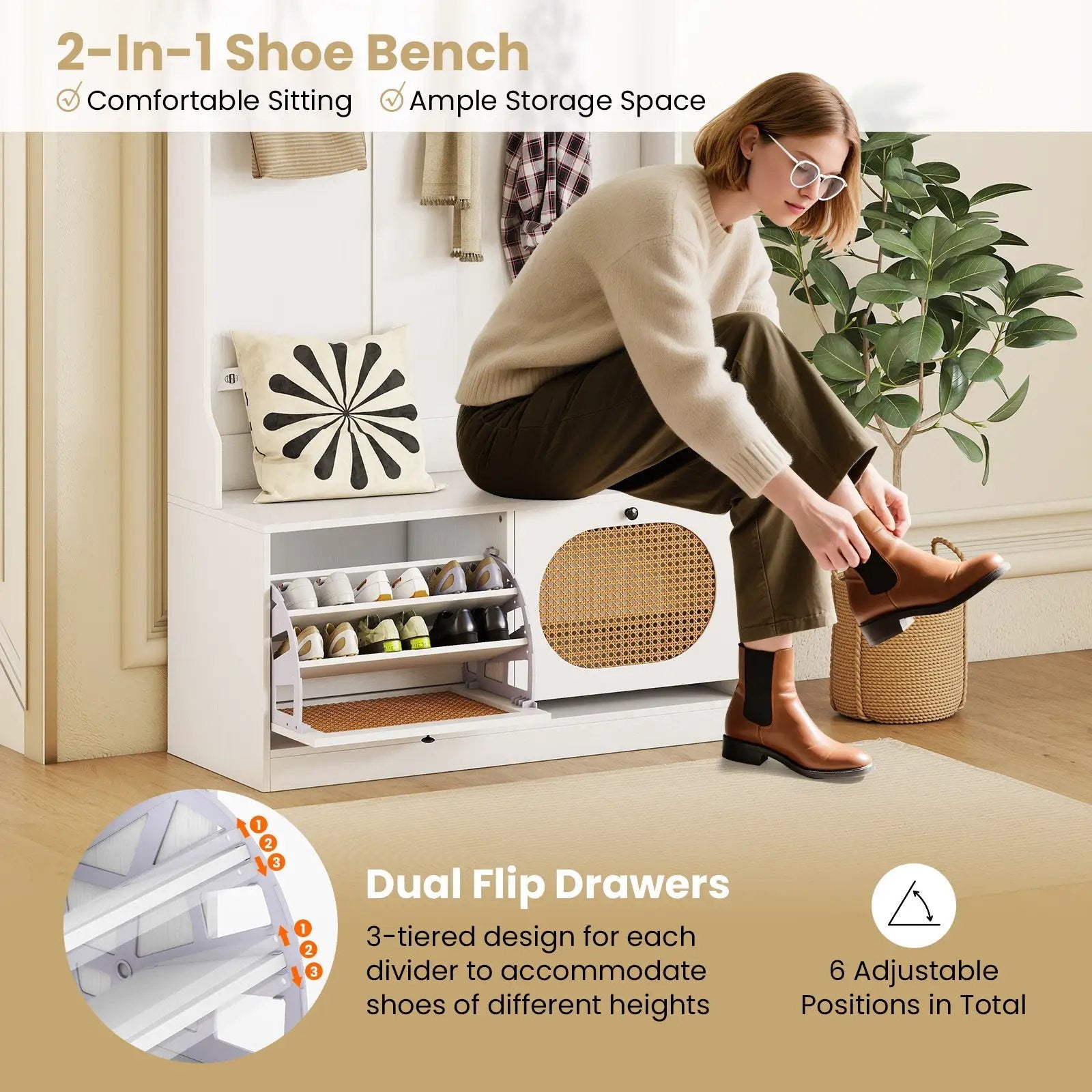 4-In-1 Hall Tree with Coat Rack and Flip Drawers for Entryway Mudroom by DirectDeals