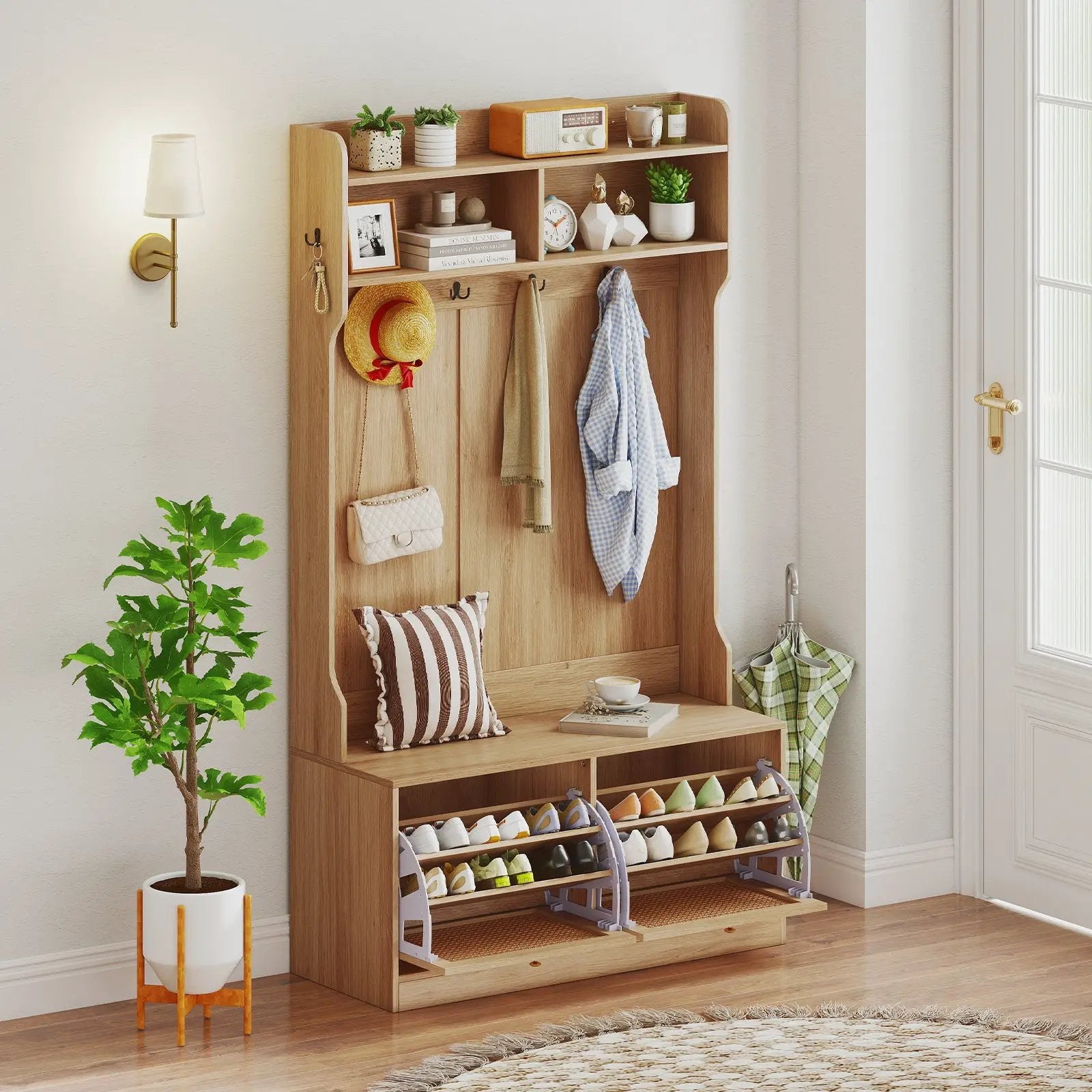 4-In-1 Hall Tree with Coat Rack and Flip Drawers for Entryway Mudroom by DirectDeals