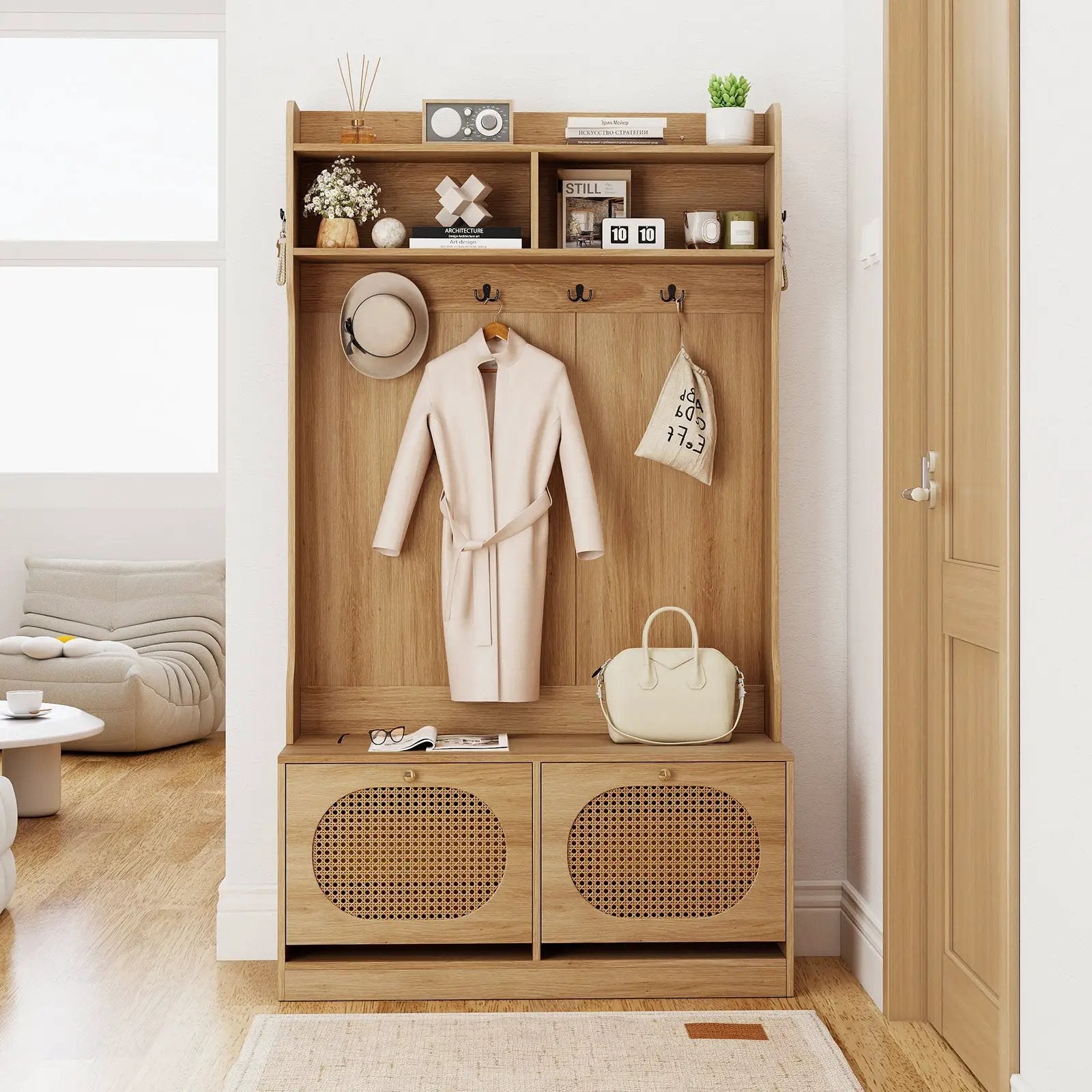 4-In-1 Hall Tree with Coat Rack and Flip Drawers for Entryway Mudroom by DirectDeals