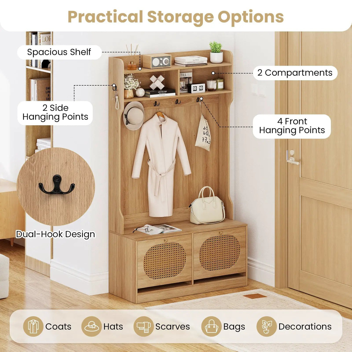 4-In-1 Hall Tree with Coat Rack and Flip Drawers for Entryway Mudroom by DirectDeals