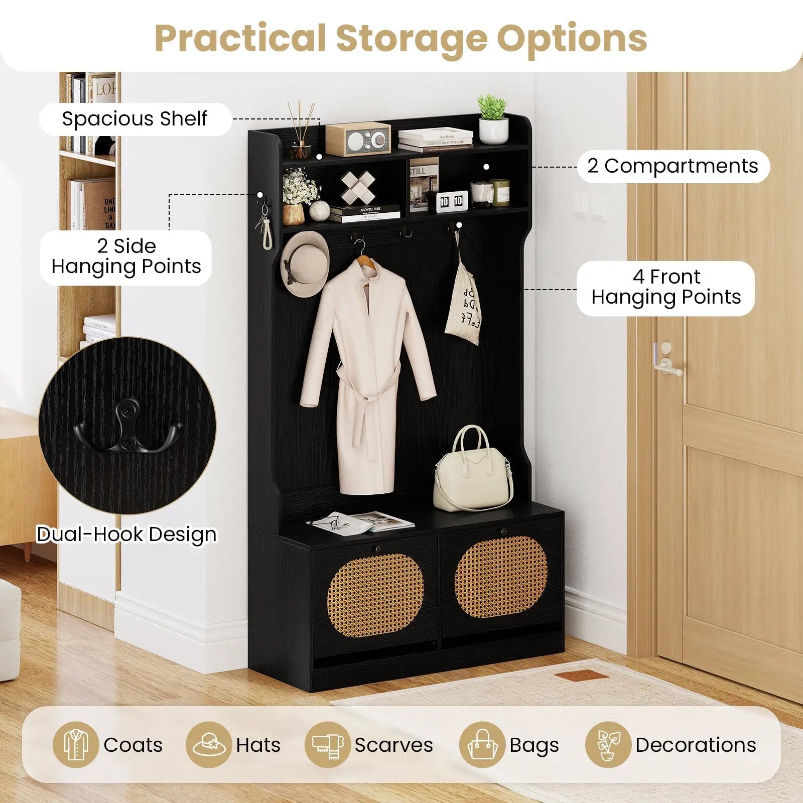4-In-1 Hall Tree with Coat Rack and Flip Drawers for Entryway Mudroom by DirectDeals