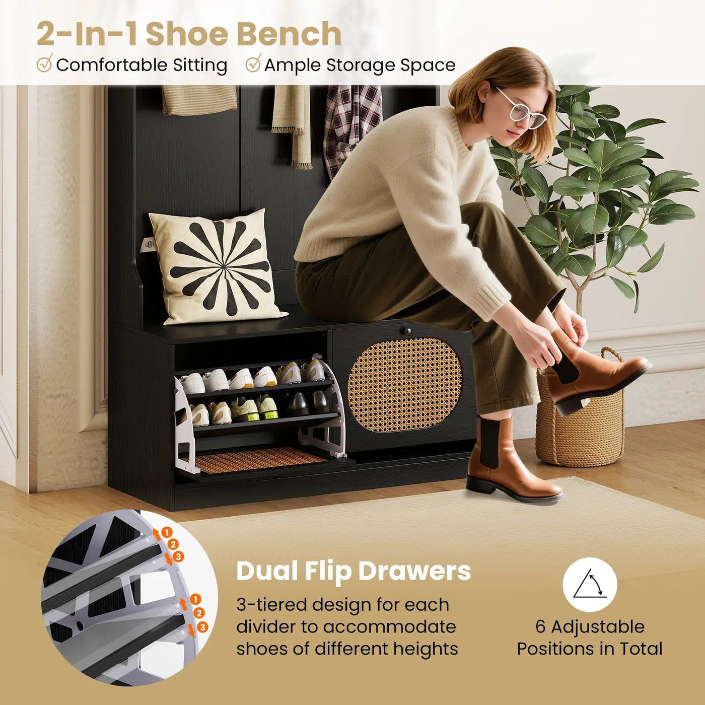 4-In-1 Hall Tree with Coat Rack and Flip Drawers for Entryway Mudroom by DirectDeals