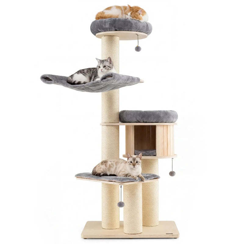 4-Layer 68.5-Inch Wooden Cat Tree Condo Activity Tower with Sisal Posts-Natural by DirectDeals