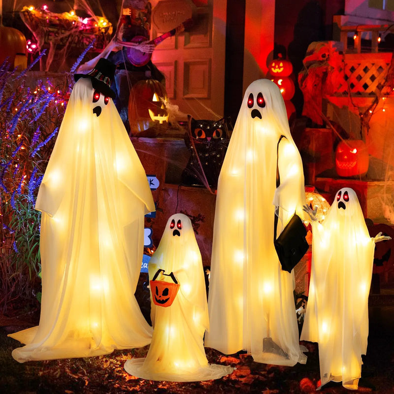 4 PCS Halloween Light up White Cloth Ghost Family with Red and Warm White LED Lights by DirectDeals