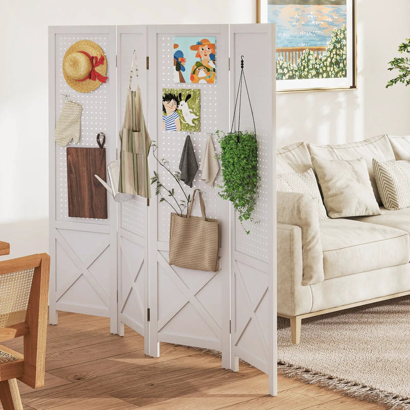 4-Panel Pegboard Display Stand Folding Room Divider with Solid Wood Frame-White by DirectDeals