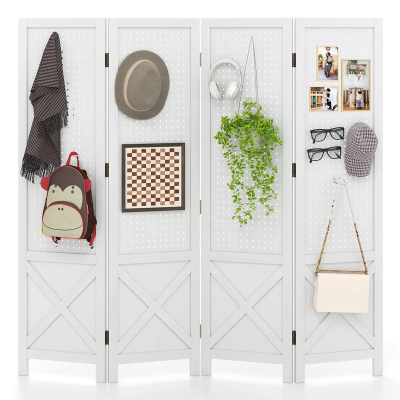 4-Panel Pegboard Display Stand Folding Room Divider with Solid Wood Frame-White by DirectDeals