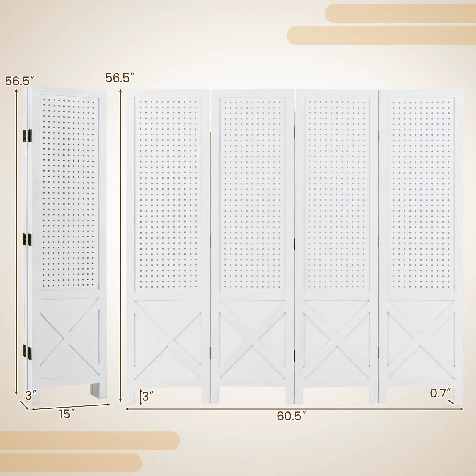 4-Panel Pegboard Display Stand Folding Room Divider with Solid Wood Frame-White by DirectDeals