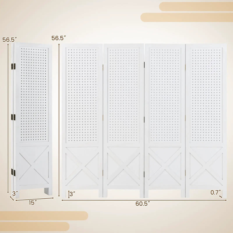 4-Panel Pegboard Display Stand Folding Room Divider with Solid Wood Frame-White by DirectDeals