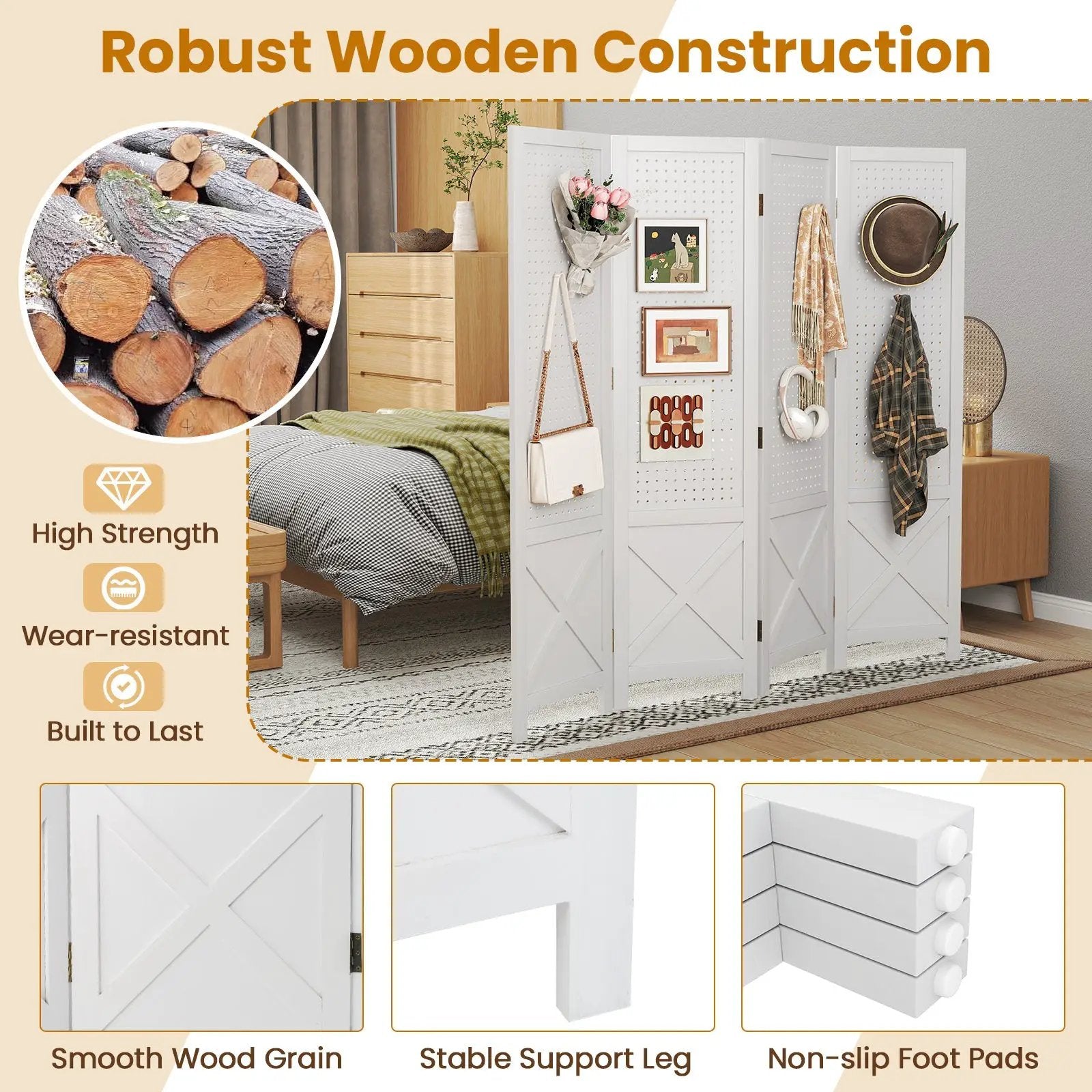 4-Panel Pegboard Display Stand Folding Room Divider with Solid Wood Frame-White by DirectDeals