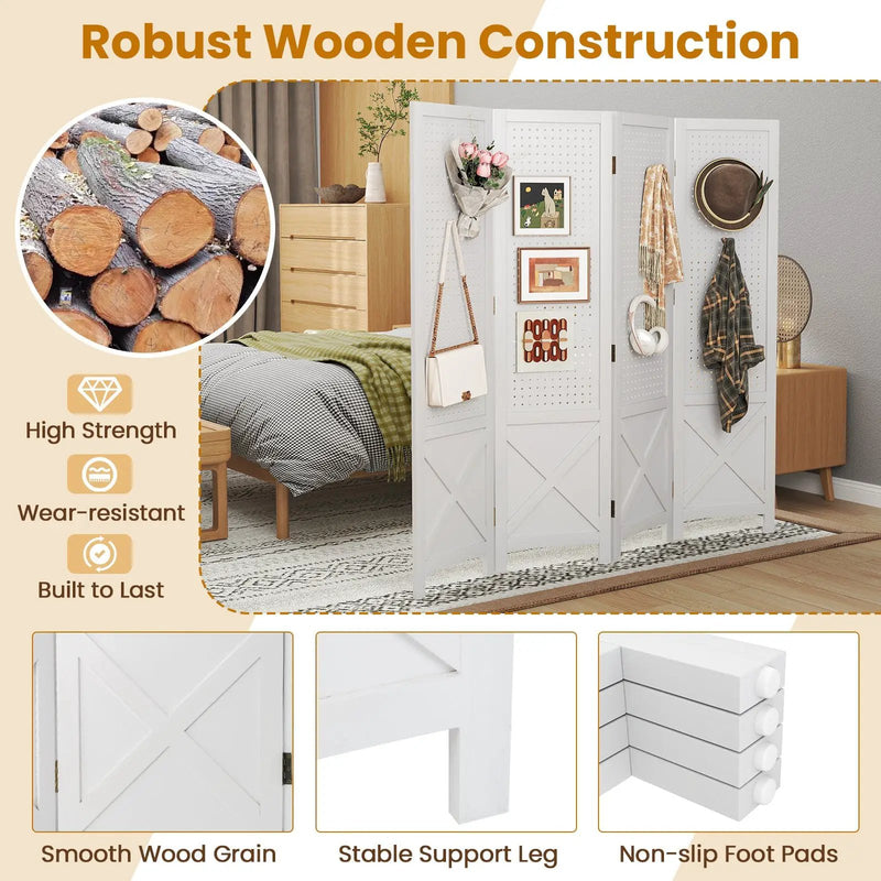 4-Panel Pegboard Display Stand Folding Room Divider with Solid Wood Frame-White by DirectDeals