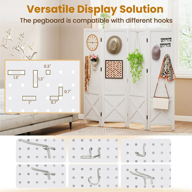 4-Panel Pegboard Display Stand Folding Room Divider with Solid Wood Frame-White by DirectDeals