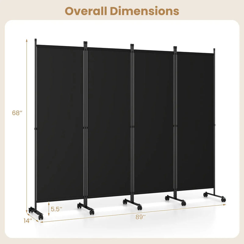 4-Panel Room Divider with Lockable Wheels - 87" x 68" by DirectDeals