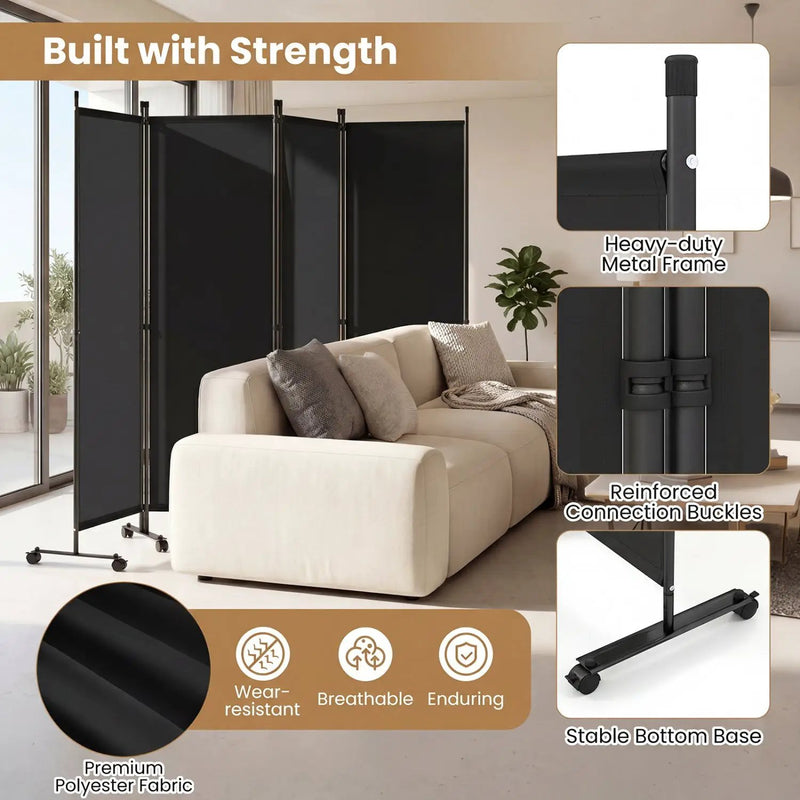4-Panel Room Divider with Lockable Wheels - 87" x 68" by DirectDeals