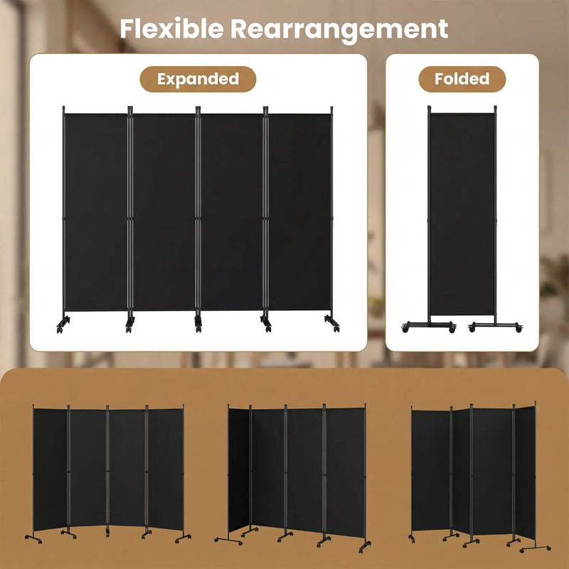 4-Panel Room Divider with Lockable Wheels - 87" x 68" by DirectDeals