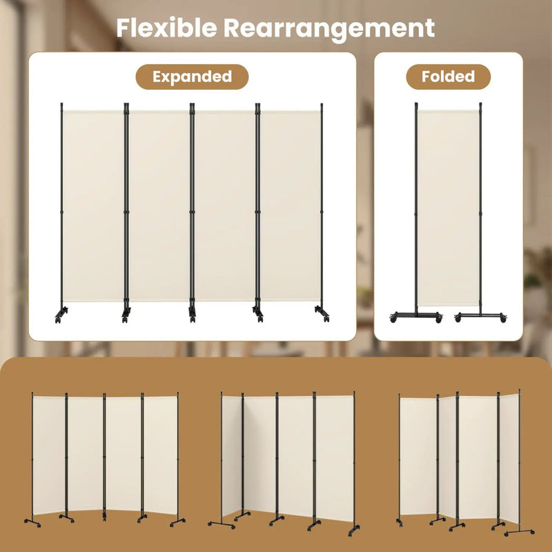 4-Panel Room Divider with Lockable Wheels - 87" x 68" by DirectDeals