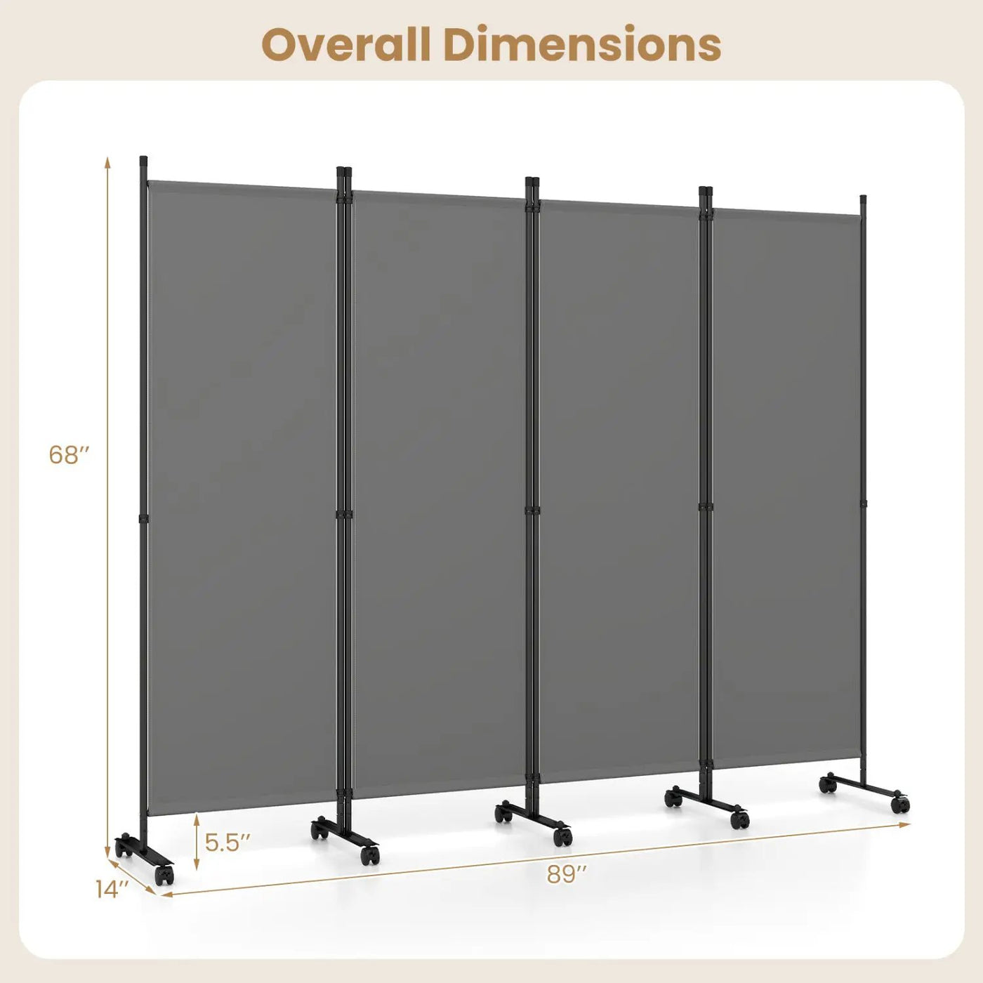 4-Panel Room Divider with Lockable Wheels - 87" x 68" by DirectDeals