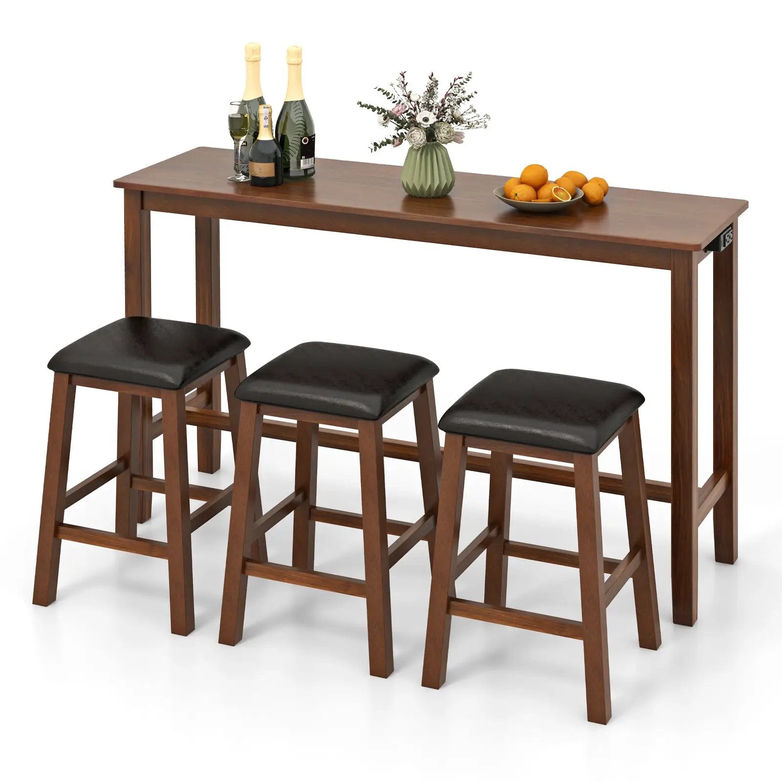 4-Piece Bar Table Set Counter-Height Table and 3 PVC Leather Upholstered Bar Stools-Brown by DirectDeals