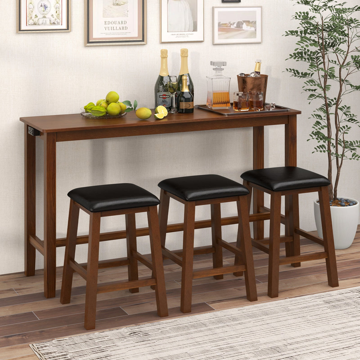 4-Piece Bar Table Set Counter-Height Table and 3 PVC Leather Upholstered Bar Stools-Brown, photo 6 of 8