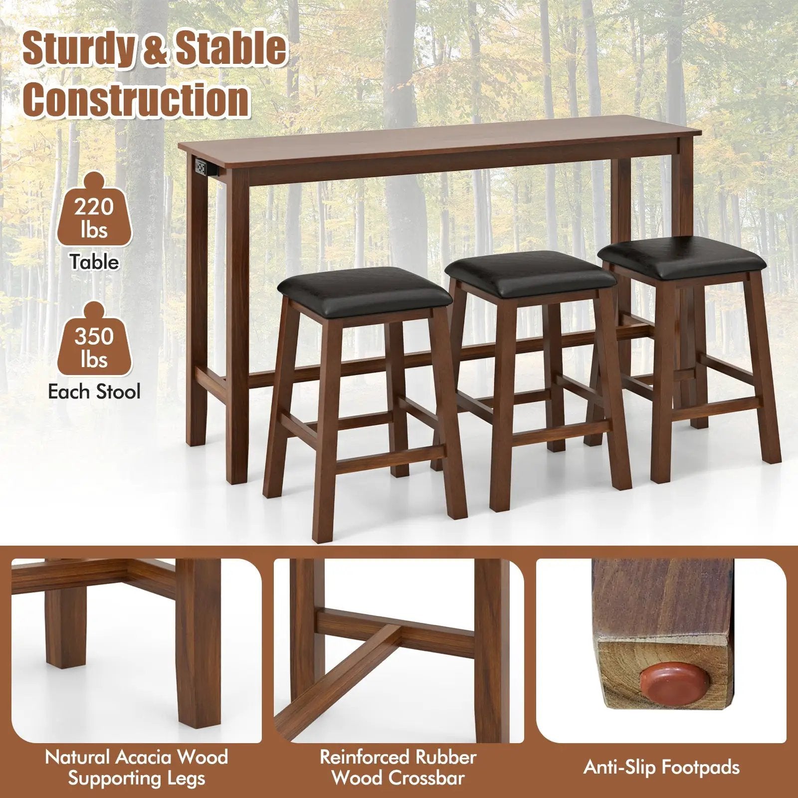 4-Piece Bar Table Set Counter-Height Table and 3 PVC Leather Upholstered Bar Stools-Brown by DirectDeals