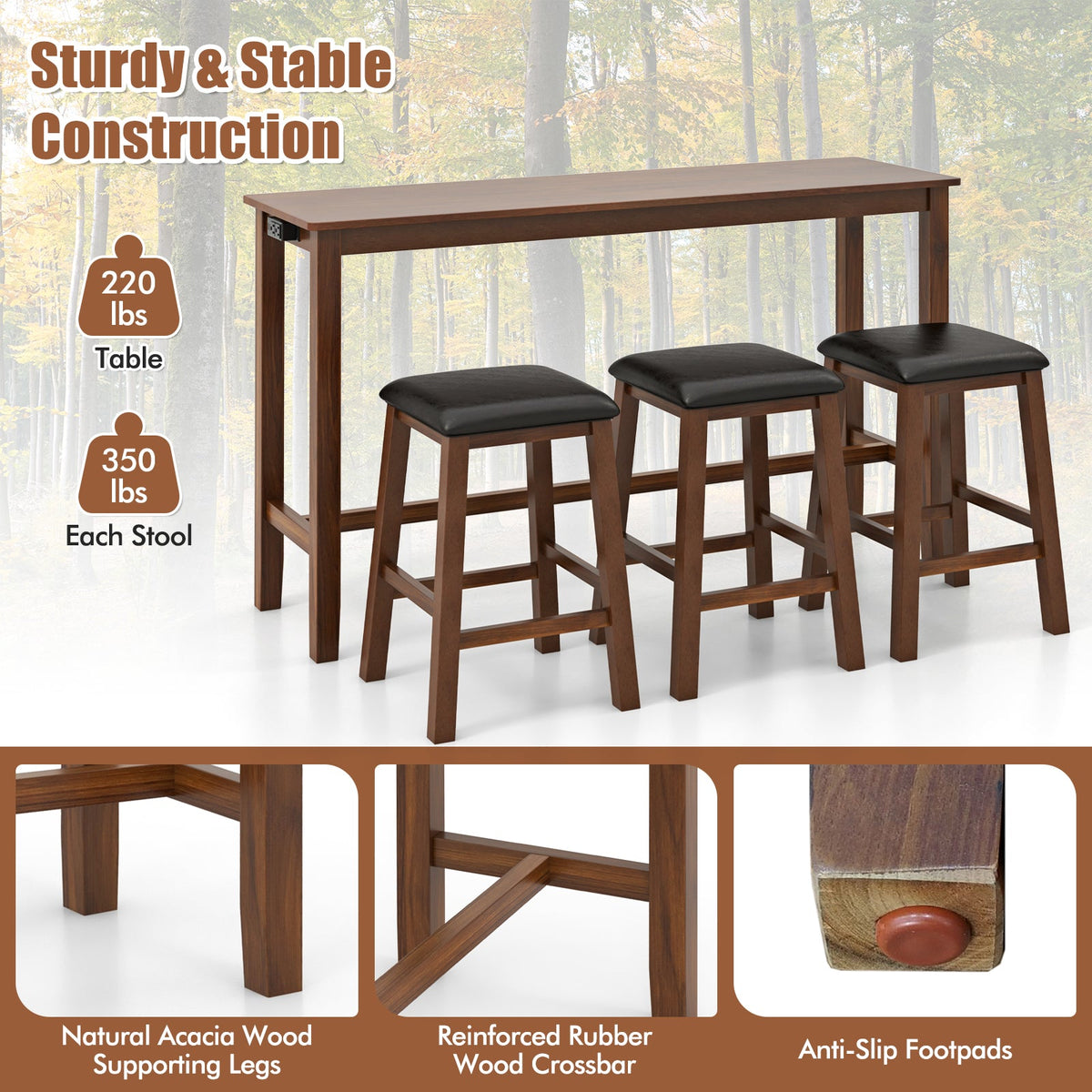 4-Piece Bar Table Set Counter-Height Table and 3 PVC Leather Upholstered Bar Stools-Brown, photo 7 of 8