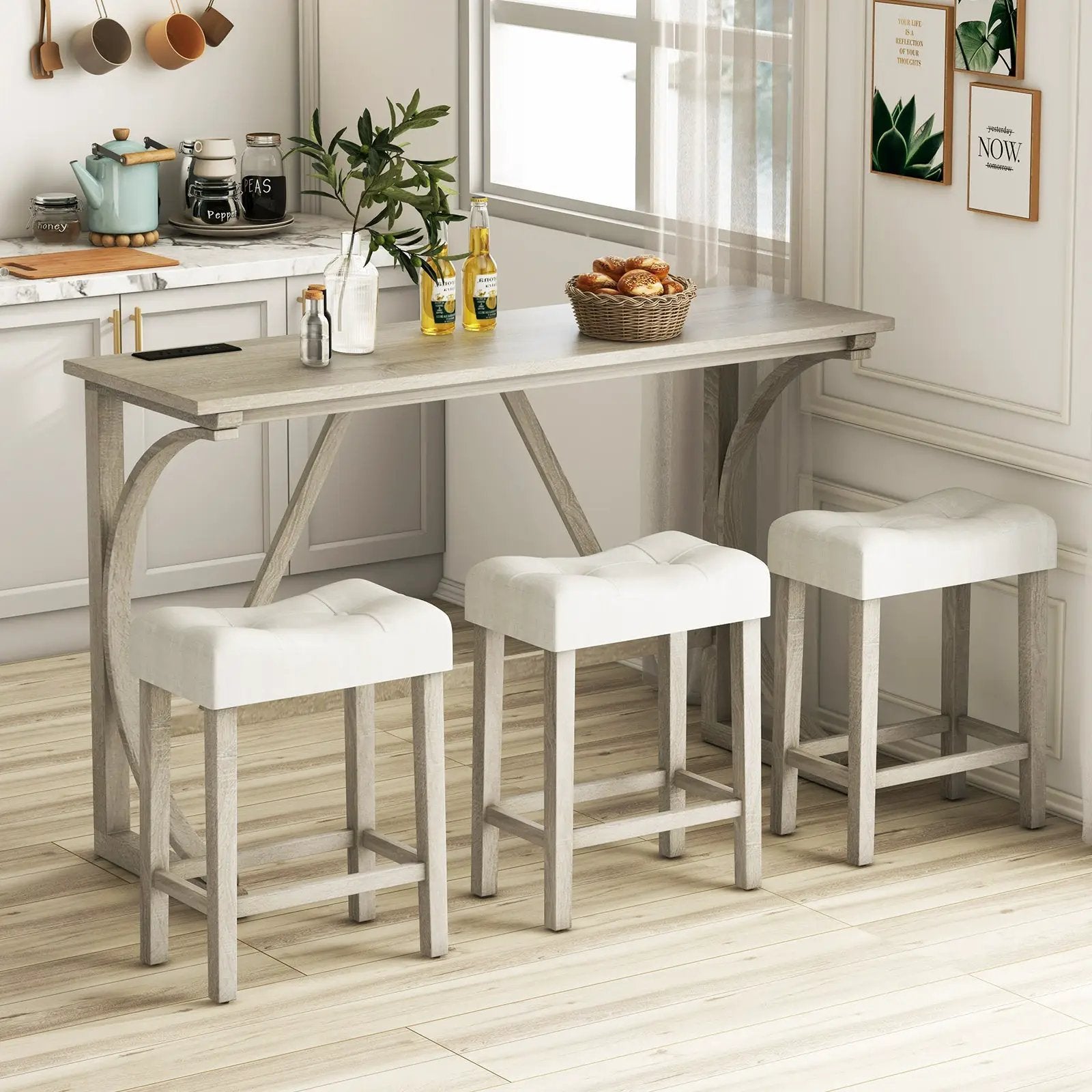 4-Piece Bar Table Set with Power Outlet and Upholstered Saddle Seat Stools-Grey and Beige by DirectDeals