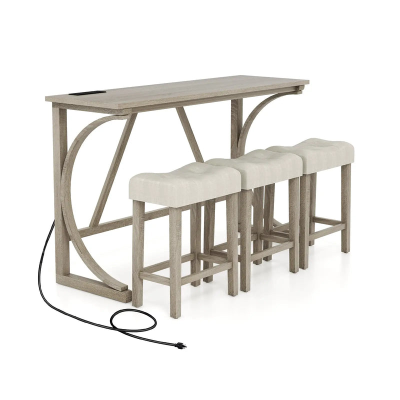 4-Piece Bar Table Set with Power Outlet and Upholstered Saddle Seat Stools-Grey and Beige by DirectDeals