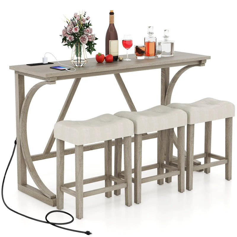 4-Piece Bar Table Set with Power Outlet and Upholstered Saddle Seat Stools-Grey and Beige by DirectDeals