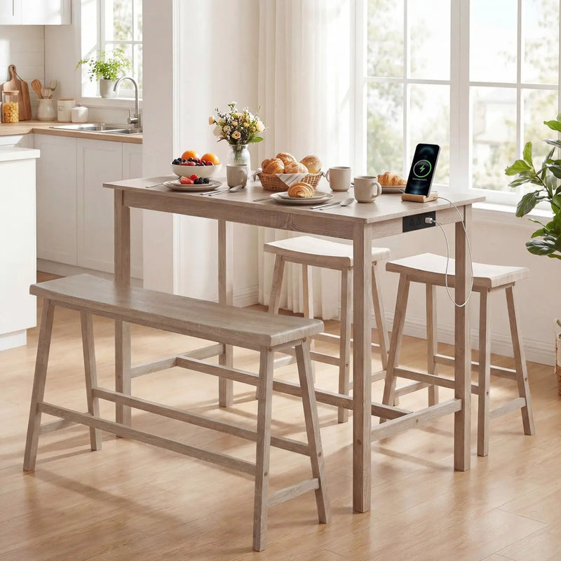 4-Piece Counter Height Dining Table Set with Power Outlet Solid Rubber Wood Kitchen Table by DirectDeals