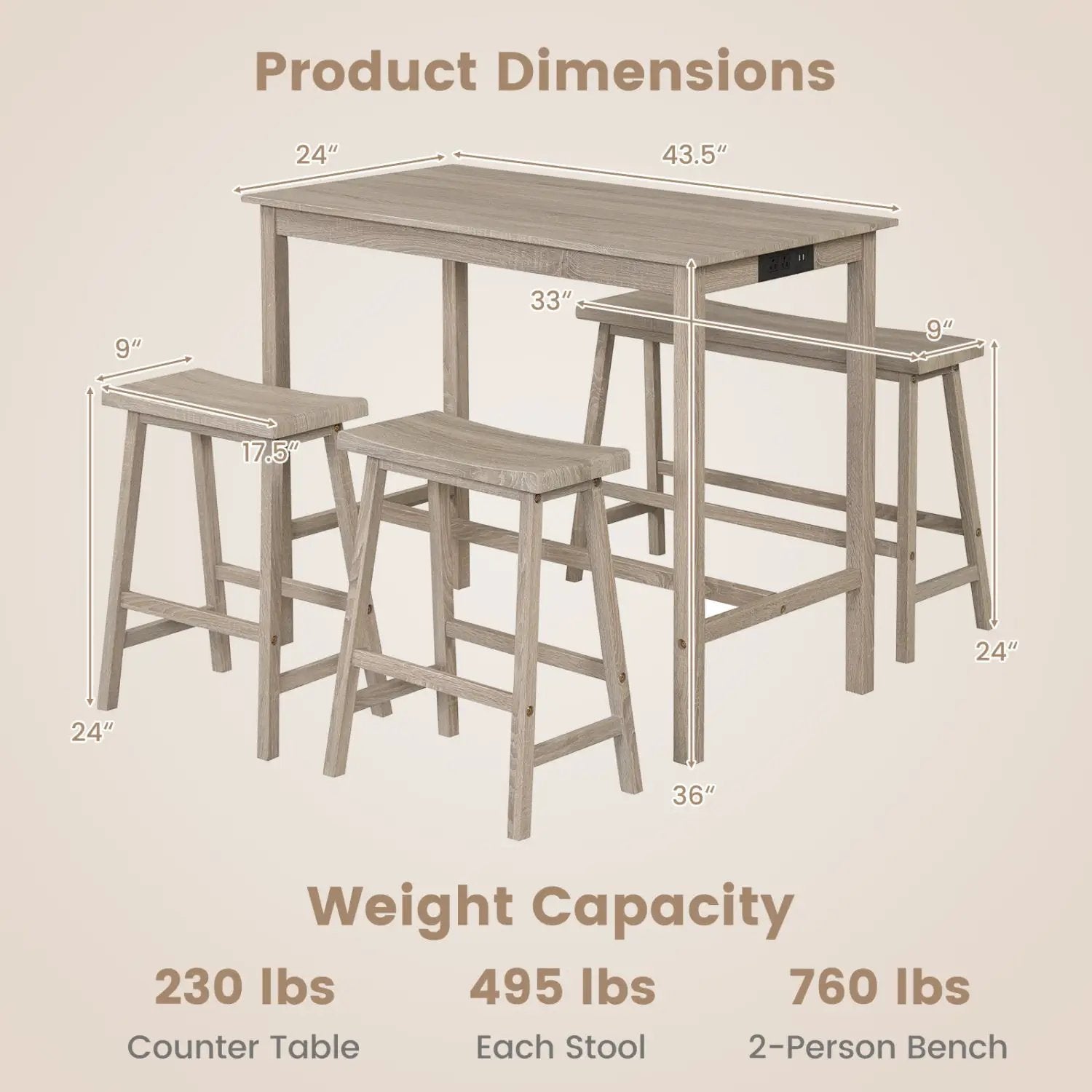 4-Piece Counter Height Dining Table Set with Power Outlet Solid Rubber Wood Kitchen Table by DirectDeals