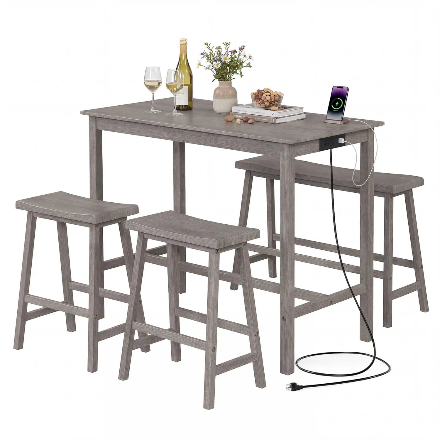 4-Piece Counter Height Dining Table Set with Power Outlet Solid Rubber Wood Kitchen Table by DirectDeals
