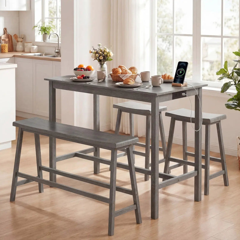 4-Piece Counter Height Dining Table Set with Power Outlet Solid Rubber Wood Kitchen Table by DirectDeals