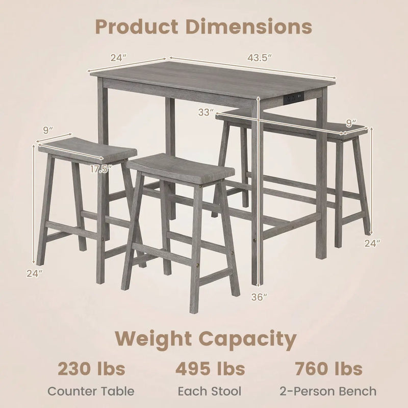 4-Piece Counter Height Dining Table Set with Power Outlet Solid Rubber Wood Kitchen Table by DirectDeals
