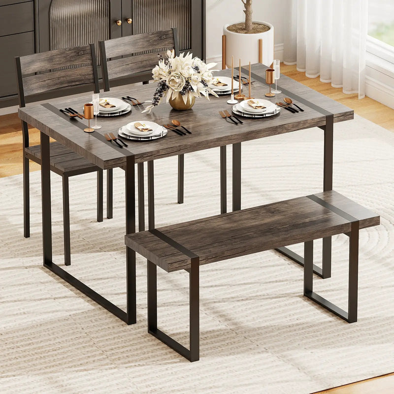 4-Piece Dining Table Set for 4 with 1 Bench and 2 Chairs-Gray by DirectDeals
