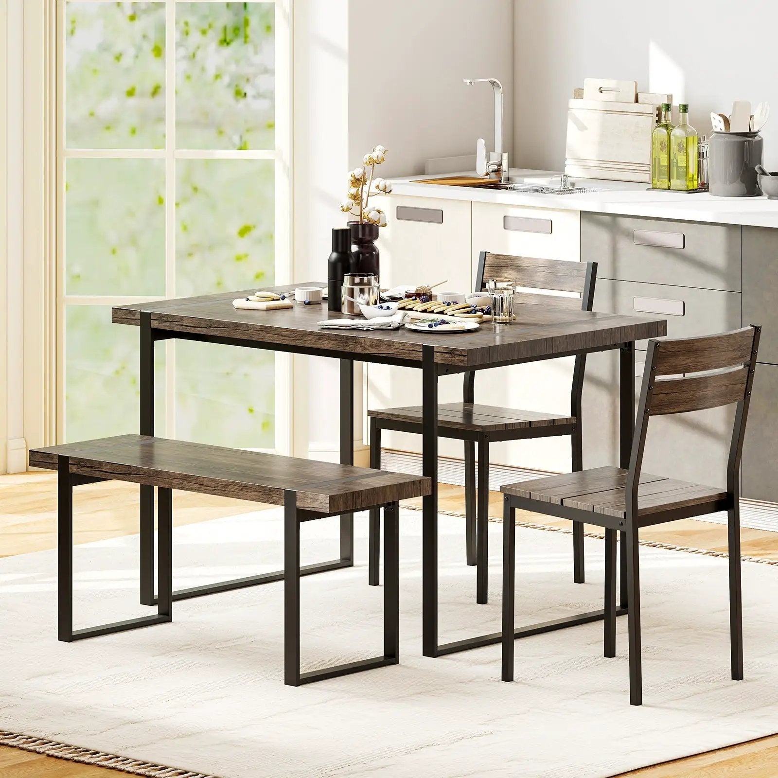 4-Piece Dining Table Set for 4 with 1 Bench and 2 Chairs-Gray by DirectDeals