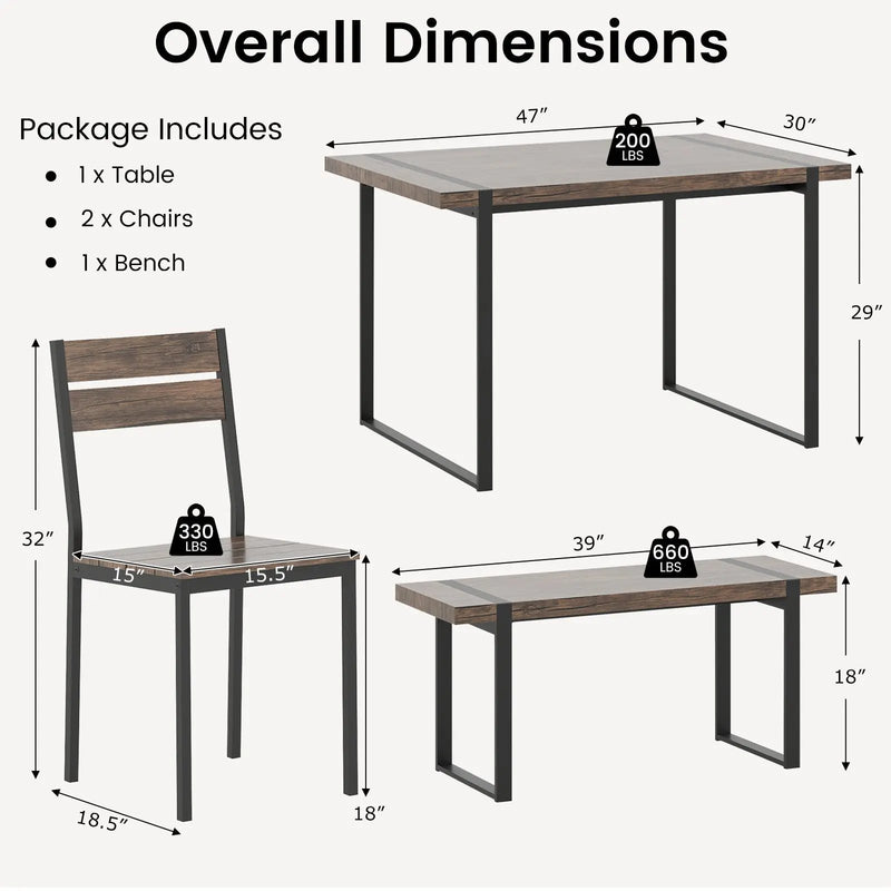 4-Piece Dining Table Set for 4 with 1 Bench and 2 Chairs-Gray by DirectDeals