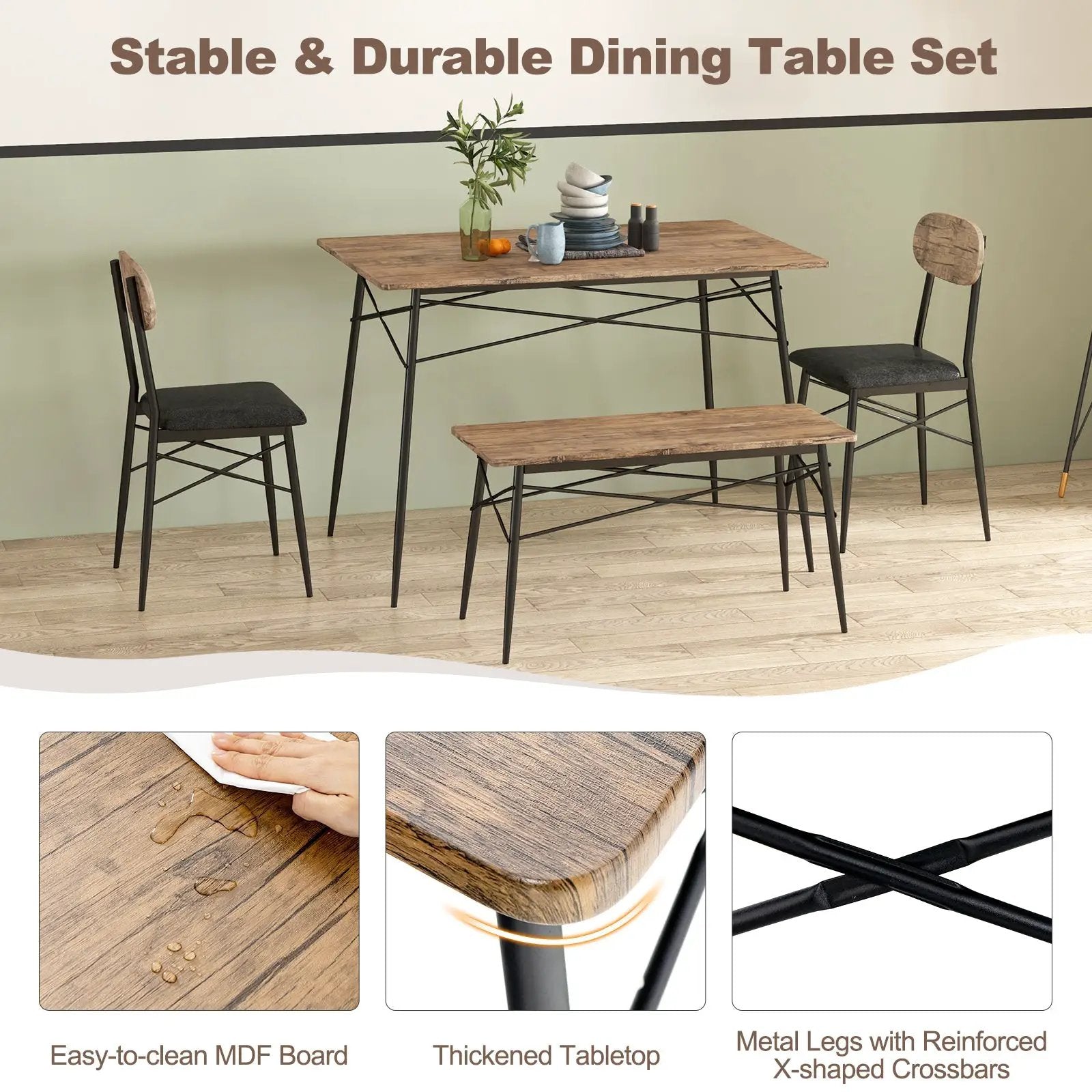 4 Piece Dining Table Set with Bench and 2 Chairs-Brown by DirectDeals