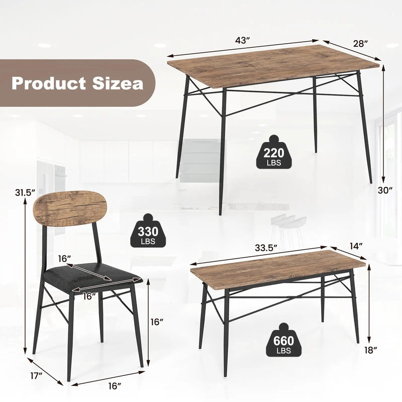 4 Piece Dining Table Set with Bench and 2 Chairs-Brown by DirectDeals