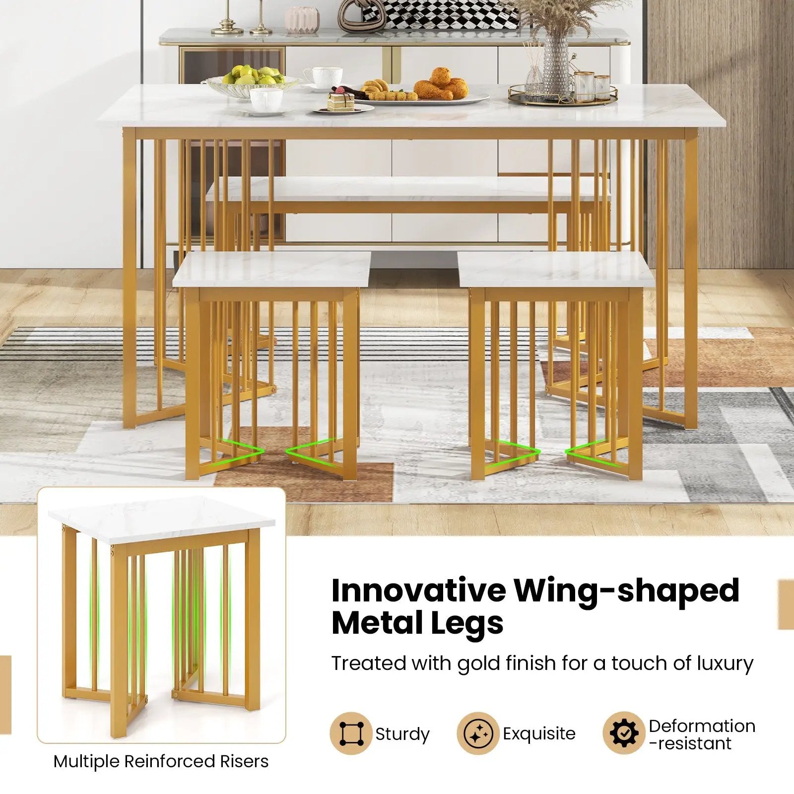 4 Piece Dining Table Set with Bench and 2 Stools-White by DirectDeals