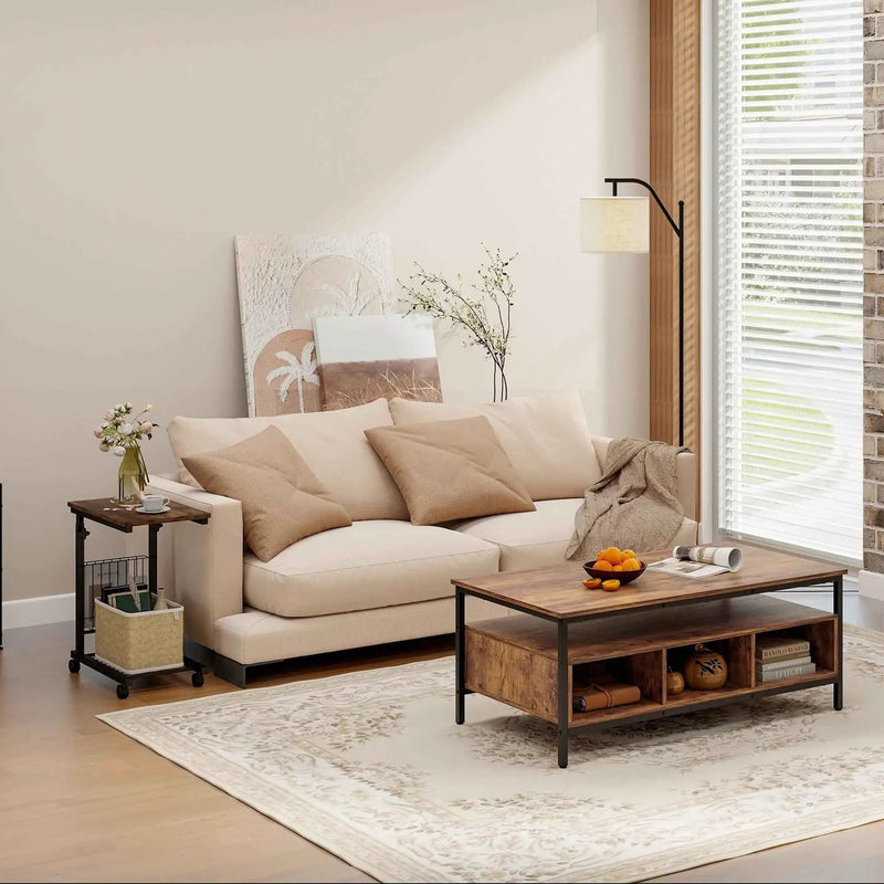 4-Piece Industrial Living Room Set: Fireplace TV Stand + 3-Tier Industrial Style Coffee Table + 71 Inch Freestanding Hall Tree + Adjustable C-shape Sofa Side Table by DirectDeals