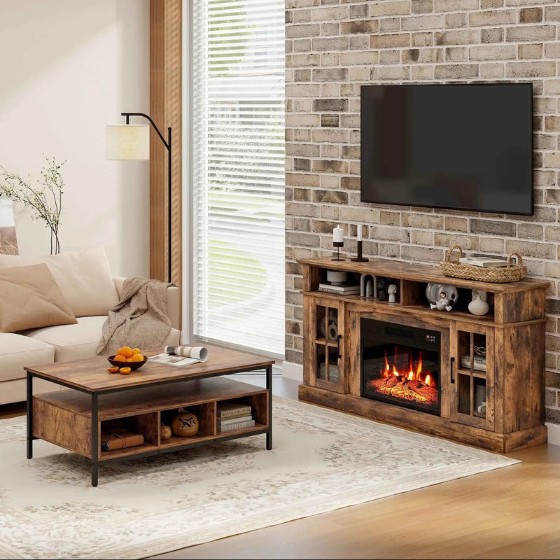 4-Piece Industrial Living Room Set: Fireplace TV Stand + 3-Tier Industrial Style Coffee Table + 71 Inch Freestanding Hall Tree + Adjustable C-shape Sofa Side Table by DirectDeals