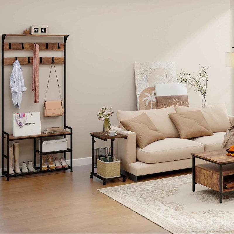 4-Piece Industrial Living Room Set: Fireplace TV Stand + 3-Tier Industrial Style Coffee Table + 71 Inch Freestanding Hall Tree + Adjustable C-shape Sofa Side Table by DirectDeals